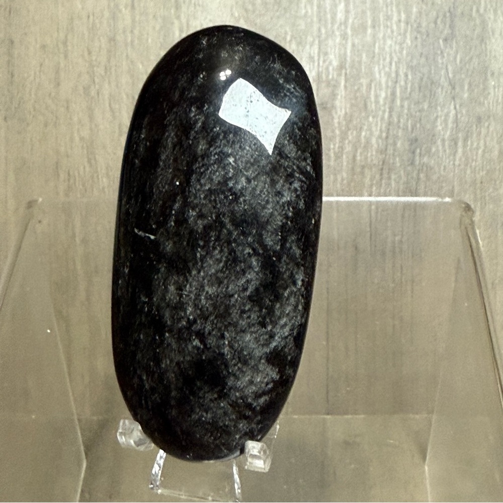 Silver Sheen Black Obsidian Palm Stone W/ Gold Etched Angel Wings Crystal - Picture 5 of 6